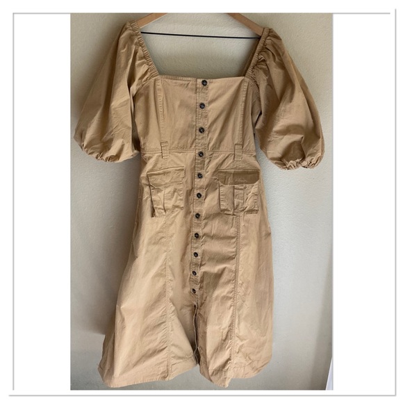 Ganni Ripstop Cotton Chino Puff Sleeve Midi Dress A Line Silhouette Tan Size L - Picture 2 of 11